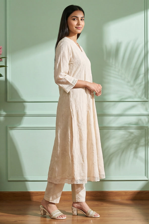 Beige Thread Embroidered Rayon Anarkali Kurta with Trousers and Dupatta Set