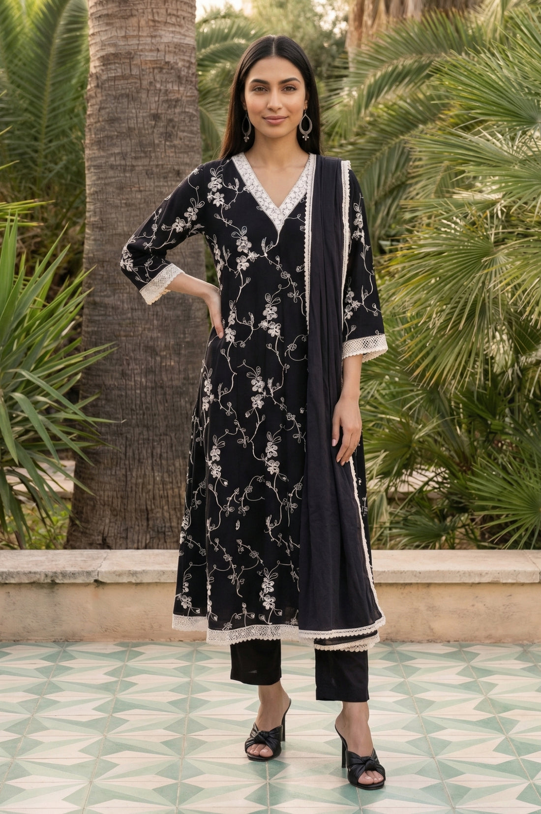 Black Thread Embroidered Rayon Anarkali Kurta and Trousers Set with Stole