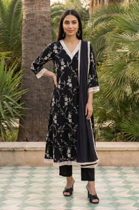 Black Thread Embroidered Rayon Anarkali Kurta and Trousers Set with Stole