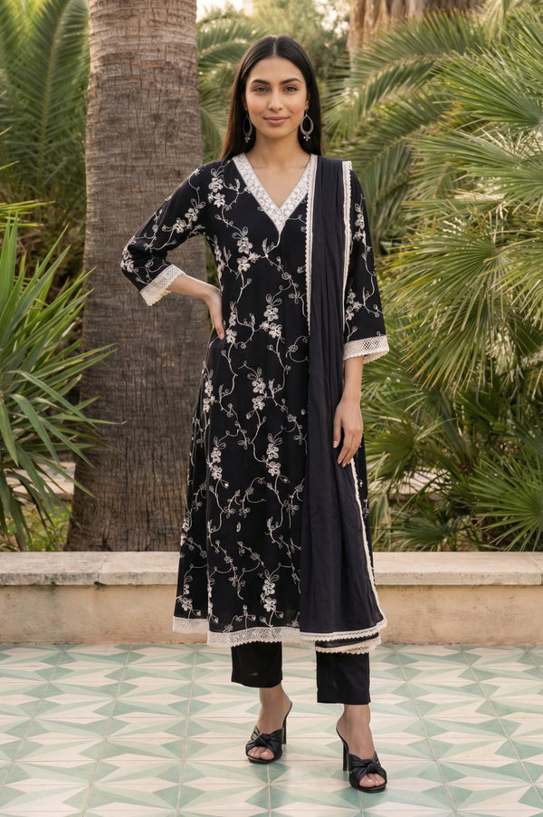 Black Thread Embroidered Rayon Anarkali Kurta and Trousers Set with Stole