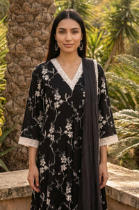 Black Thread Embroidered Rayon Anarkali Kurta and Trousers Set with Stole