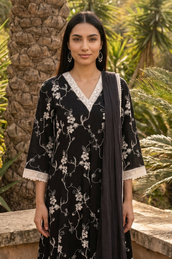 Black Thread Embroidered Rayon Anarkali Kurta and Trousers Set with Stole