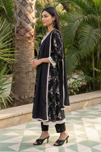 Black Thread Embroidered Rayon Anarkali Kurta and Trousers Set with Stole