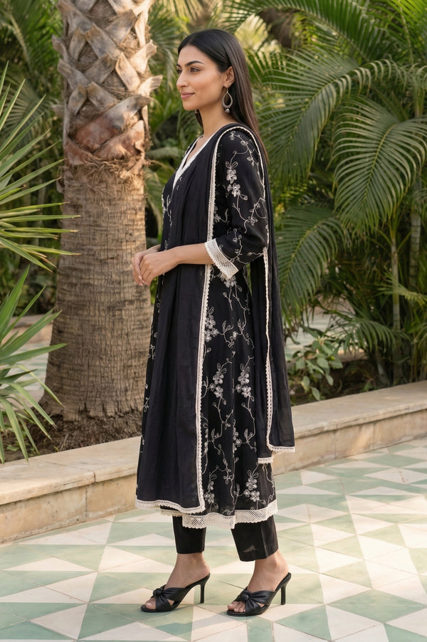 Black Thread Embroidered Rayon Anarkali Kurta and Trousers Set with Stole