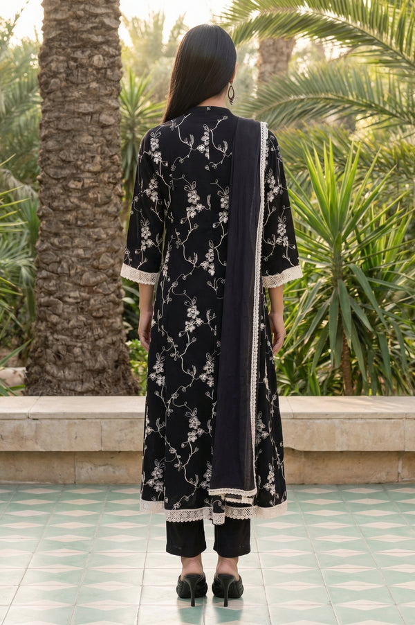 Black Thread Embroidered Rayon Anarkali Kurta and Trousers Set with Stole