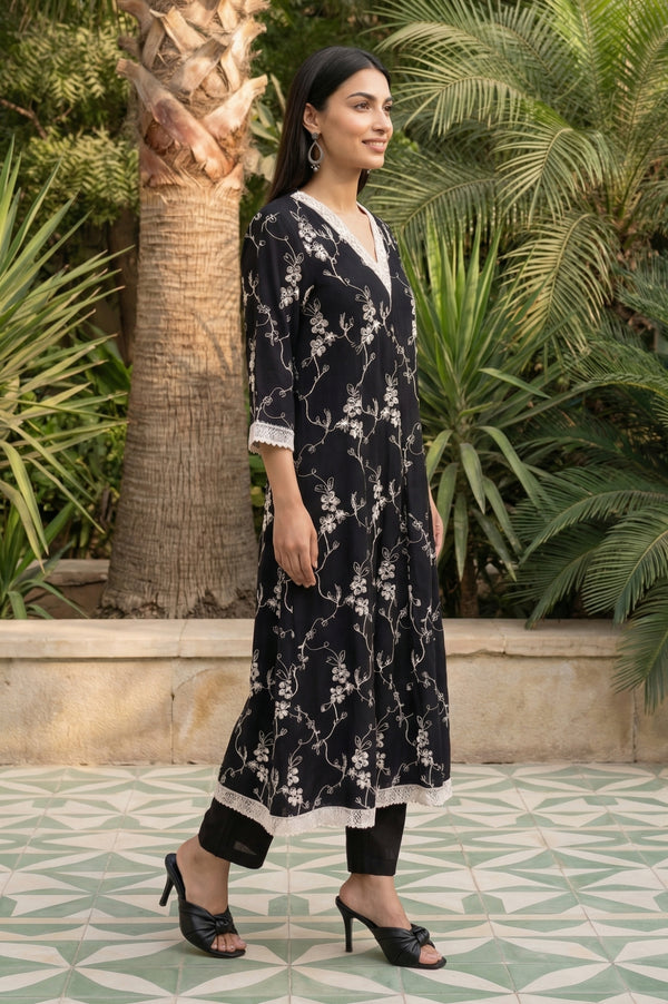 Black Thread Embroidered Rayon Anarkali Kurta and Trousers Set with Stole