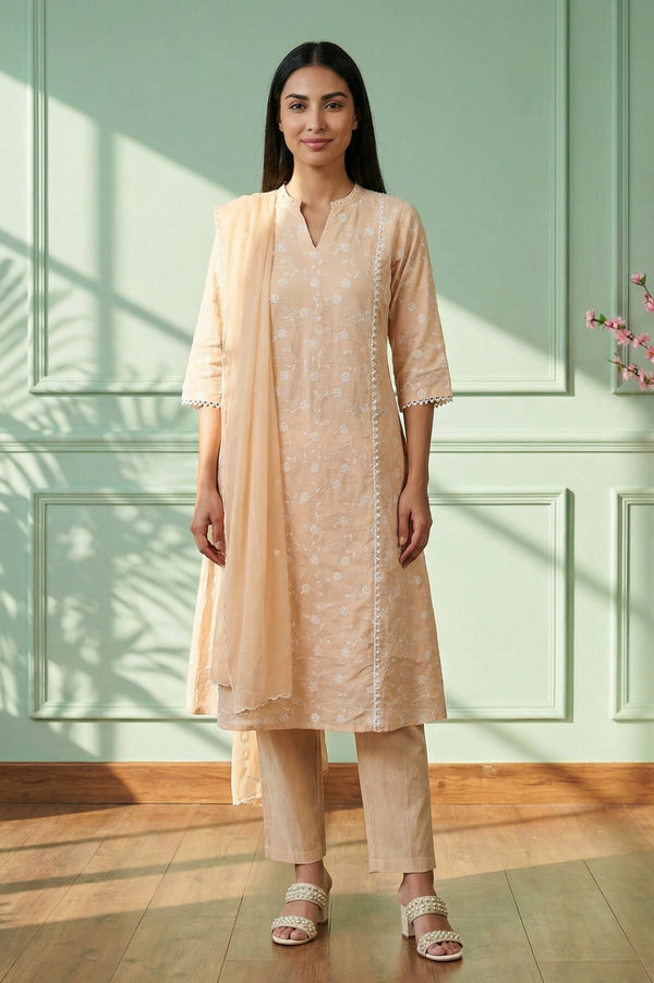 Peach Thread Embroidered Chanderi Straight Kurta with Trousers and Dupatta Set