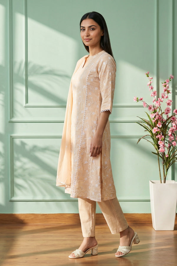Peach Thread Embroidered Chanderi Straight Kurta with Trousers and Dupatta Set