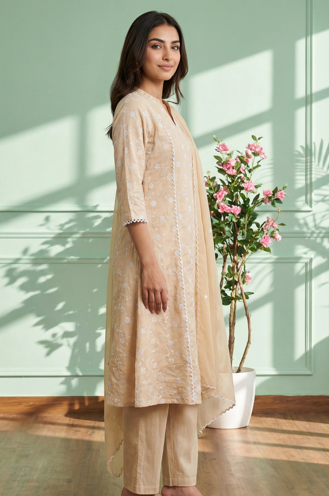 Peach Thread Embroidered Chanderi Straight Kurta with Trousers and Dupatta Set