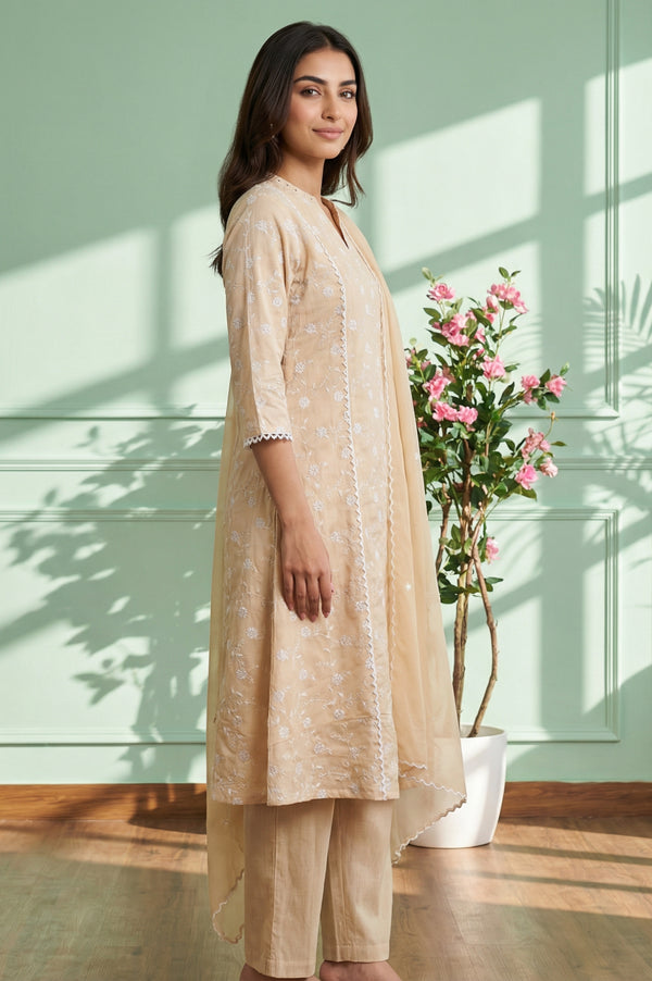 Peach Thread Embroidered Chanderi Straight Kurta with Trousers and Dupatta Set
