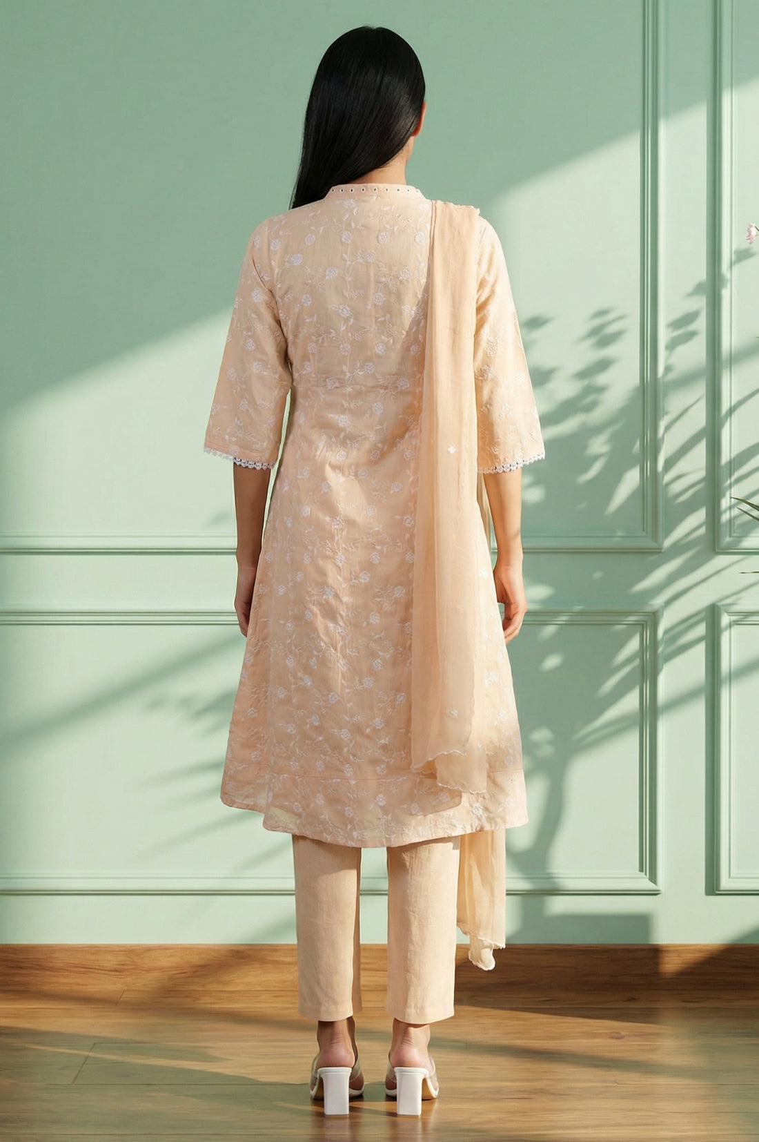 Peach Thread Embroidered Chanderi Straight Kurta with Trousers and Dupatta Set