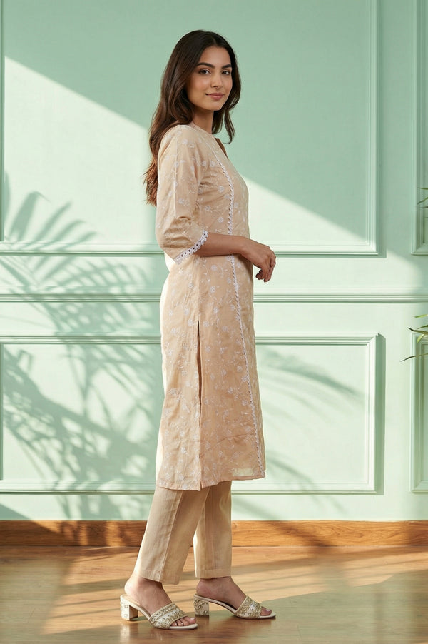 Peach Thread Embroidered Chanderi Straight Kurta with Trousers and Dupatta Set