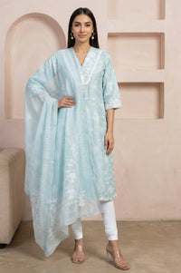 Blue Floral Printed Straight Kurta With Leggings and Dupatta Set