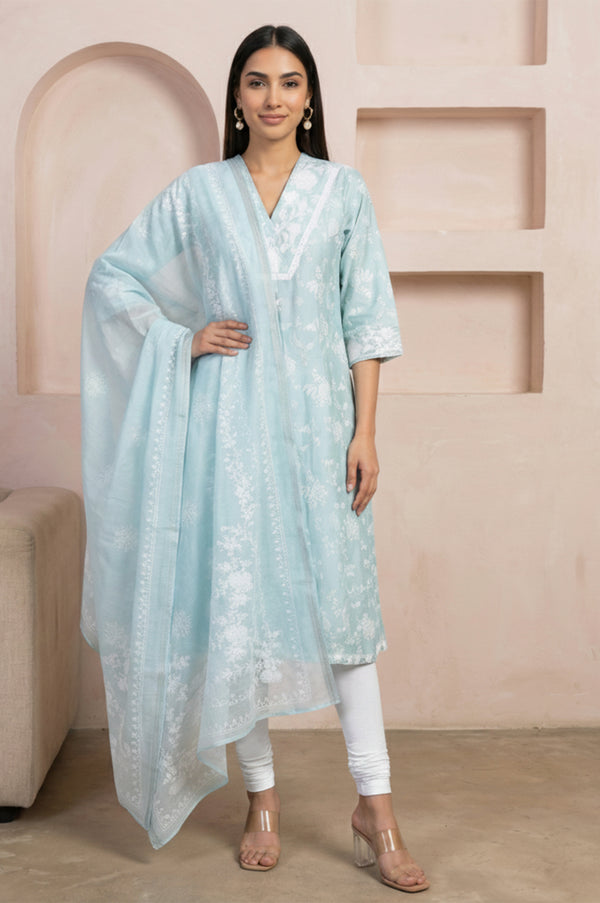 Blue Floral Printed Straight Kurta With Leggings and Dupatta Set