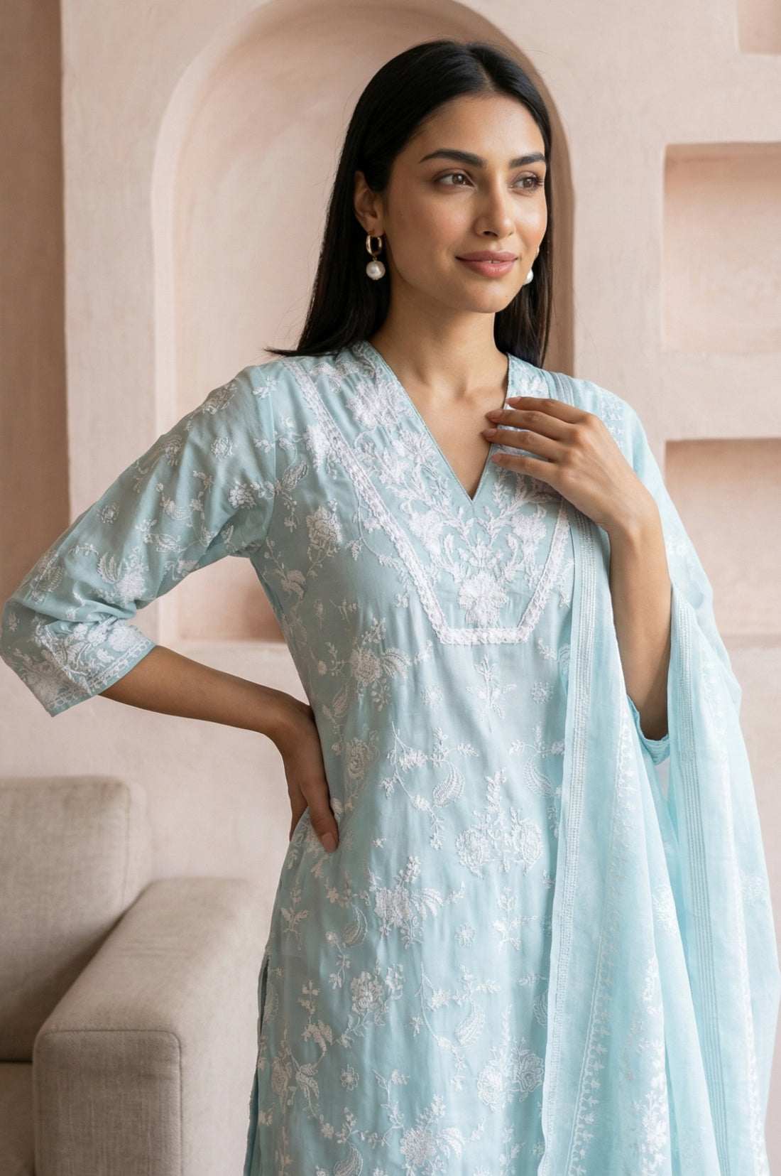 Blue Floral Printed Straight Kurta With Leggings and Dupatta Set