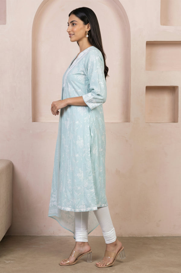 Blue Floral Printed Straight Kurta With Leggings and Dupatta Set