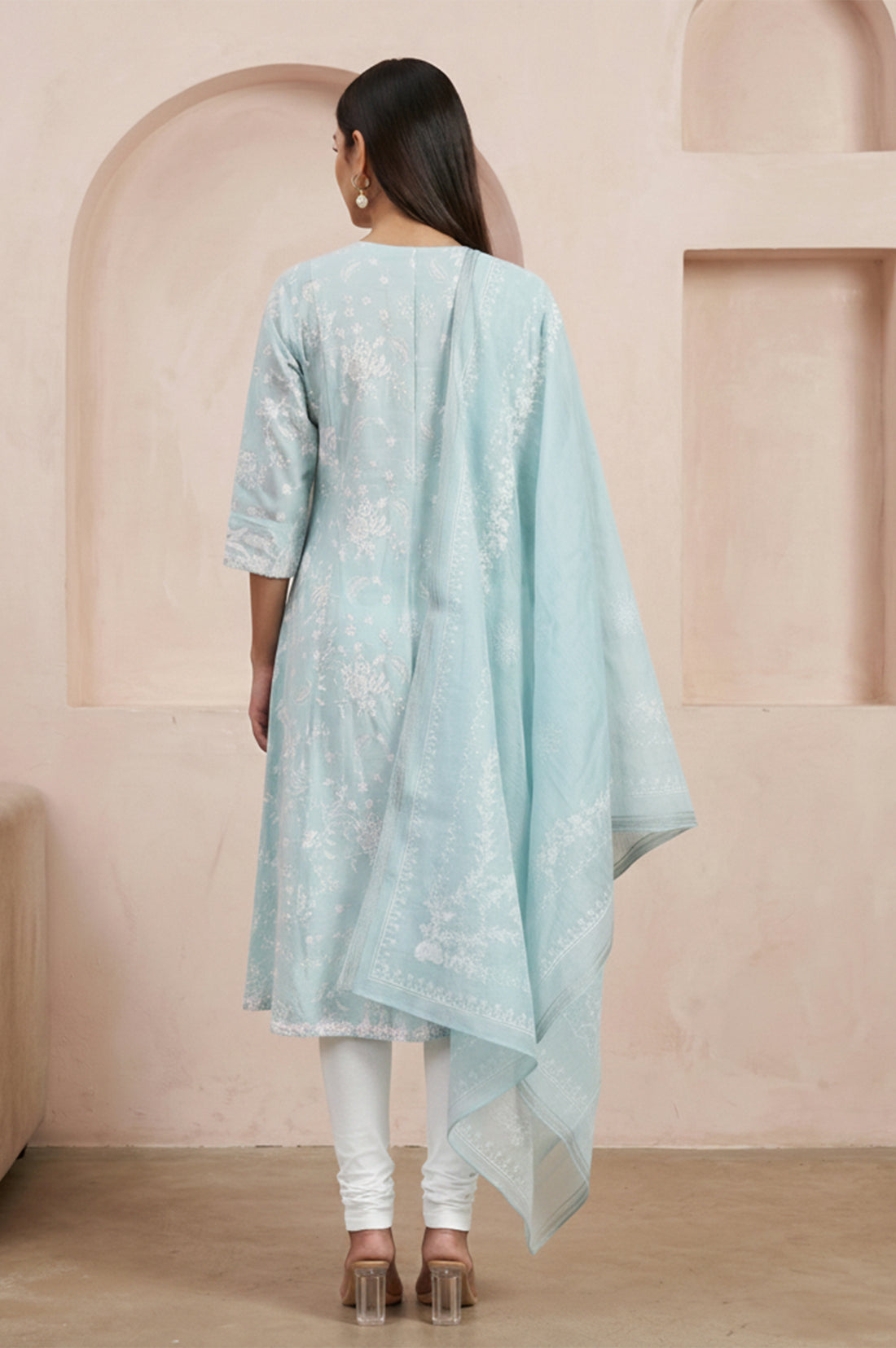 Blue Floral Printed Straight Kurta With Leggings and Dupatta Set