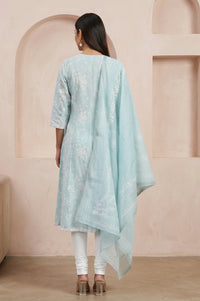 Blue Floral Printed Straight Kurta With Leggings and Dupatta Set
