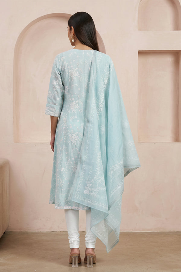 Blue Floral Printed Straight Kurta With Leggings and Dupatta Set