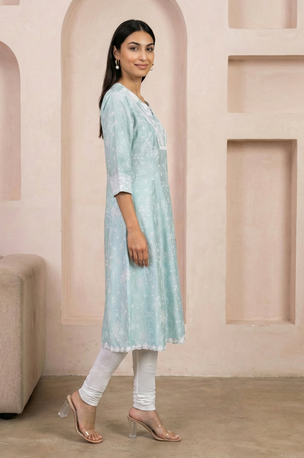 Blue Floral Printed Straight Kurta With Leggings and Dupatta Set