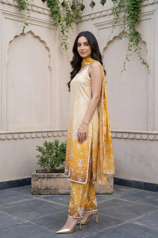 Mustard Floral Printed Lace Straight Kurta with Palazzo and Dupatta Set