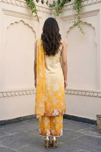 Mustard Floral Printed Lace Straight Kurta with Palazzo and Dupatta Set