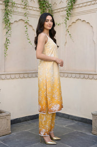 Mustard Floral Printed Lace Straight Kurta with Palazzo and Dupatta Set