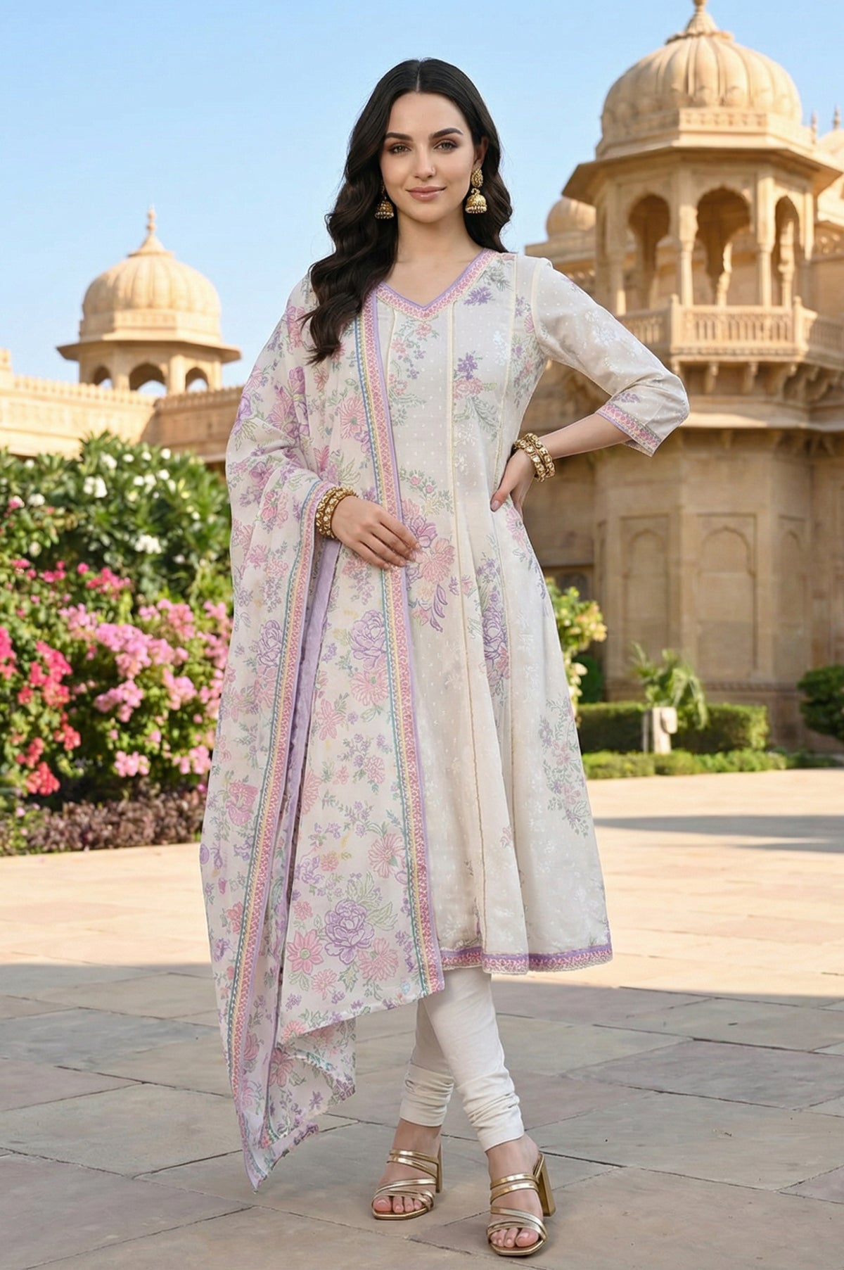 Off White Floral Printed Lace Cotton Blend Anarkali Kurta with Leggings and Dupatta Set - S