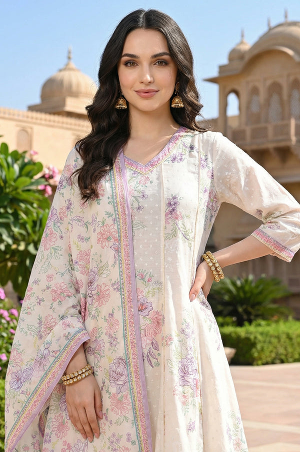 Off White Floral Printed Lace Cotton Blend Anarkali Kurta with Leggings and Dupatta Set