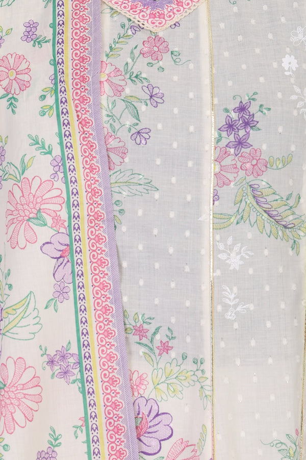 Off White Floral Printed Lace Cotton Blend Anarkali Kurta with Leggings and Dupatta Set