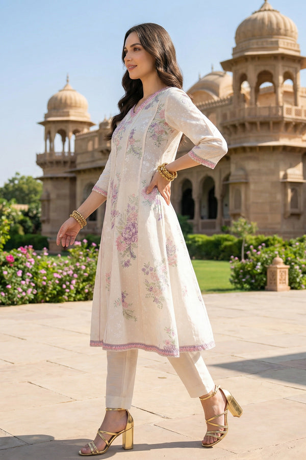 Off White Floral Printed Lace Cotton Blend Anarkali Kurta with Leggings and Dupatta Set