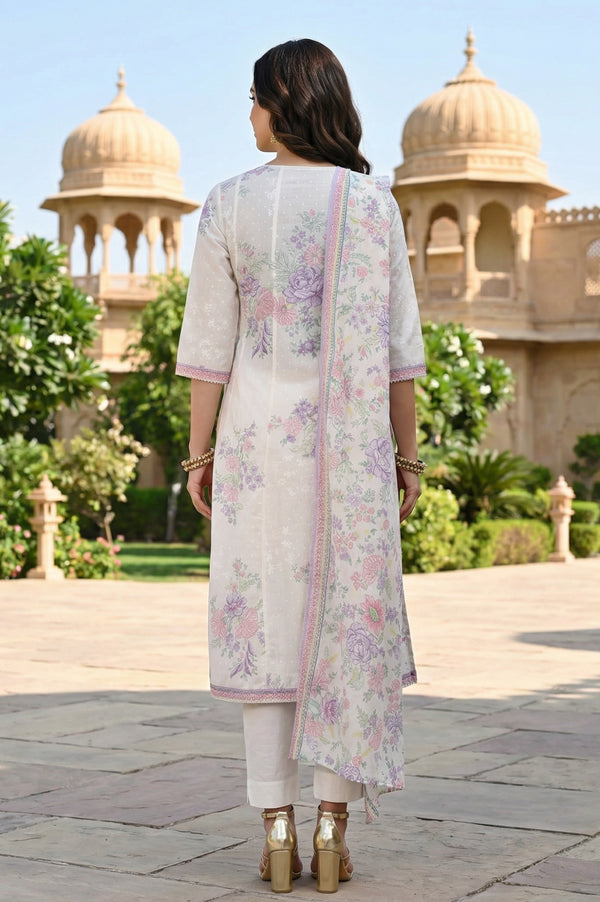 Off White Floral Printed Lace Cotton Blend Anarkali Kurta with Leggings and Dupatta Set