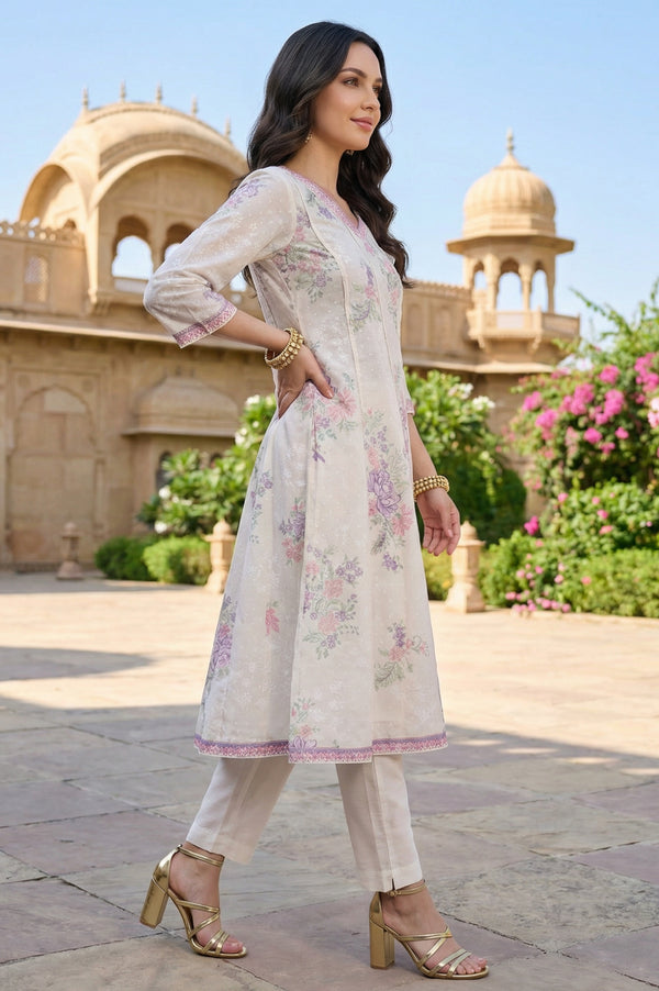 Off White Floral Printed Lace Cotton Blend Anarkali Kurta with Leggings and Dupatta Set