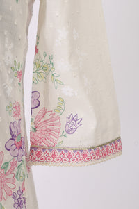 Off White Floral Printed Lace Cotton Blend Anarkali Kurta with Leggings and Dupatta Set
