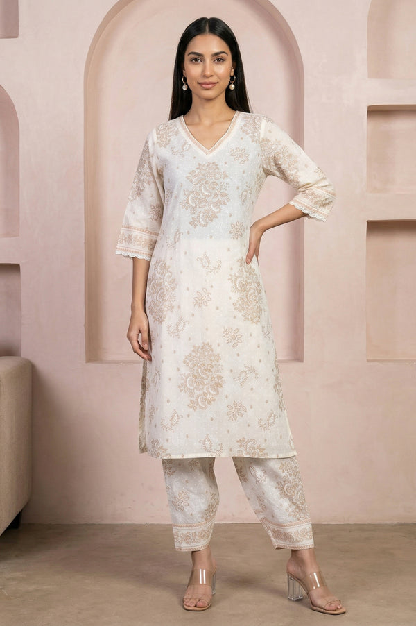 Off White Floral Printed Lace Cotton Straight Kurta with Salwar Co-ord Set