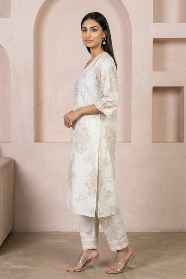 Off White Floral Printed Lace Cotton Straight Kurta with Salwar Co-ord Set