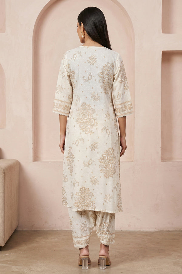 Off White Floral Printed Lace Cotton Straight Kurta with Salwar Co-ord Set