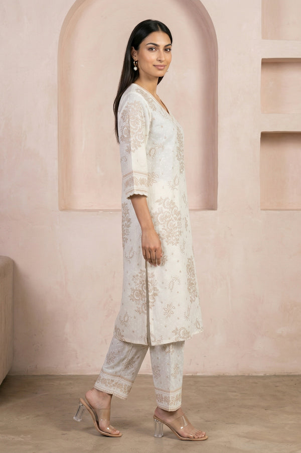 Off White Floral Printed Lace Cotton Straight Kurta with Salwar Co-ord Set