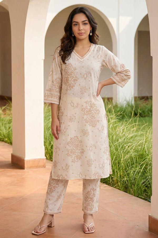 Off White Floral Printed Lace Cotton Straight Kurta with Palazzo Co-ord Set