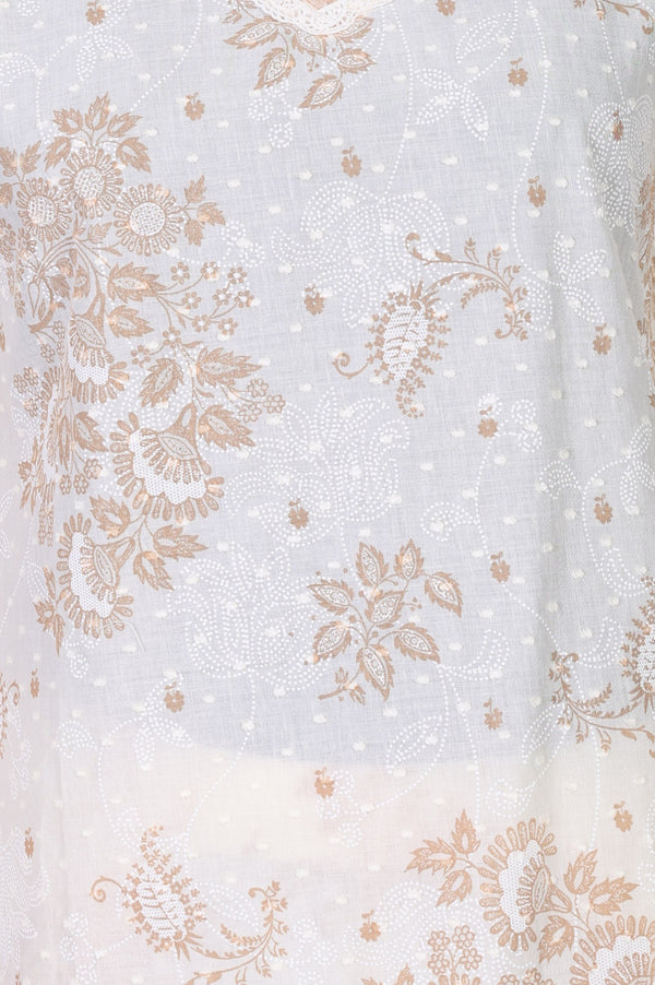 Off White Floral Printed Lace Cotton Straight Kurta with Palazzo Co-ord Set