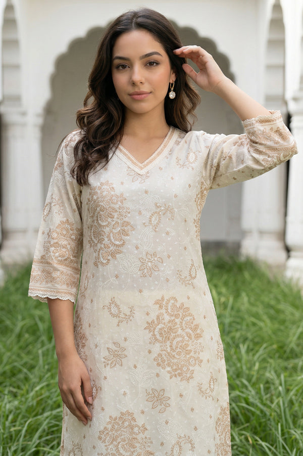 Off White Floral Printed Lace Cotton Straight Kurta with Palazzo Co-ord Set