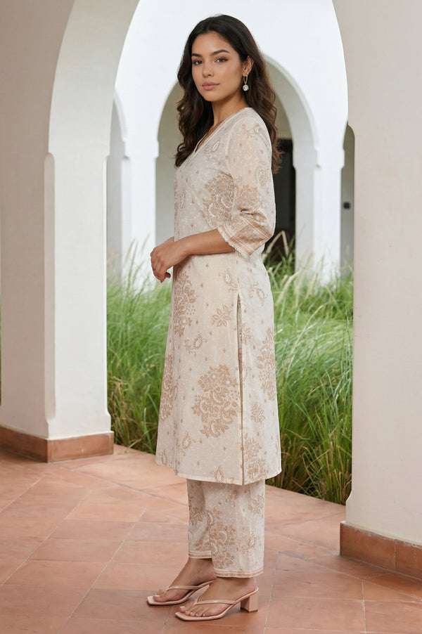 Off White Floral Printed Lace Cotton Straight Kurta with Palazzo Co-ord Set