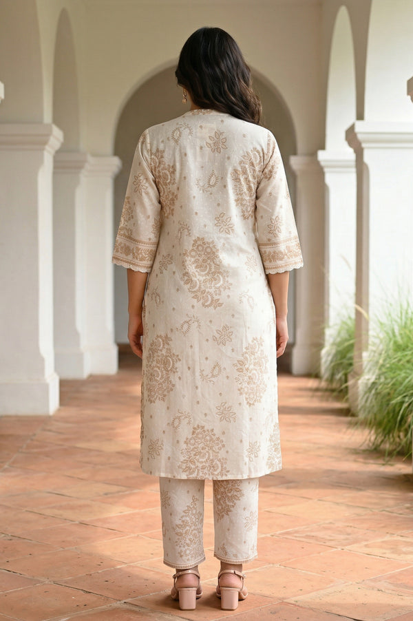 Off White Floral Printed Lace Cotton Straight Kurta with Palazzo Co-ord Set