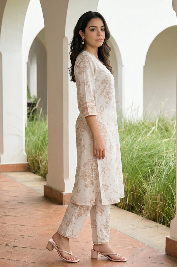 Off White Floral Printed Lace Cotton Straight Kurta with Palazzo Co-ord Set