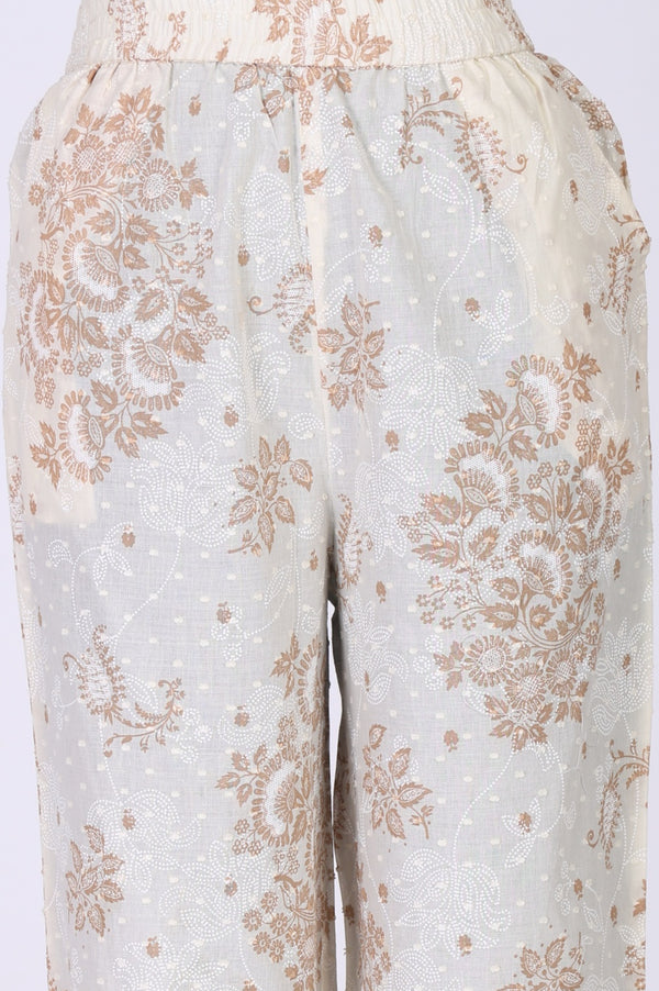 Off White Floral Printed Lace Cotton Straight Kurta with Palazzo Co-ord Set