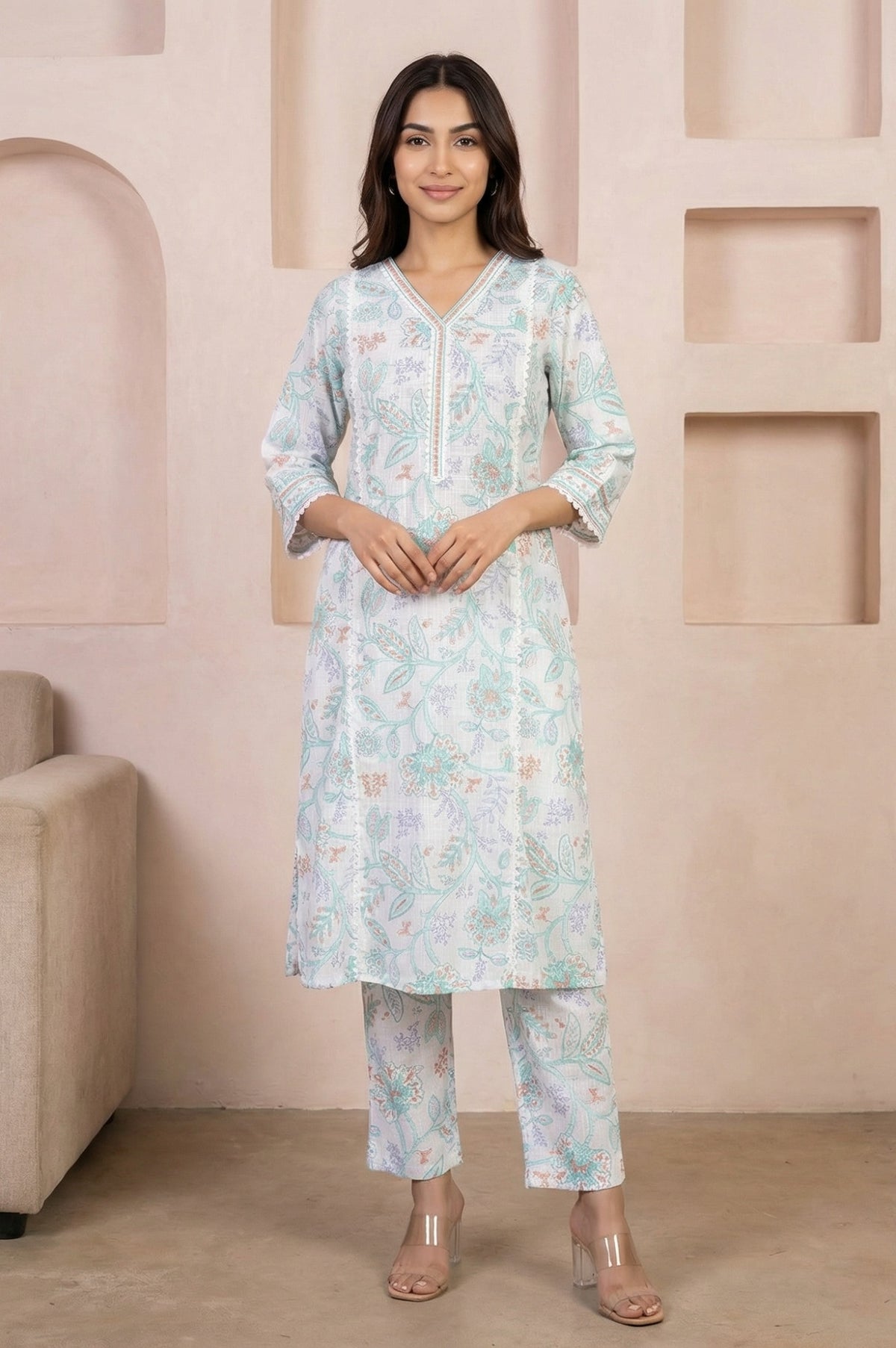 White Floral Printed Pure Cotton Straight Kurta With Trouser Co-ord Set - S