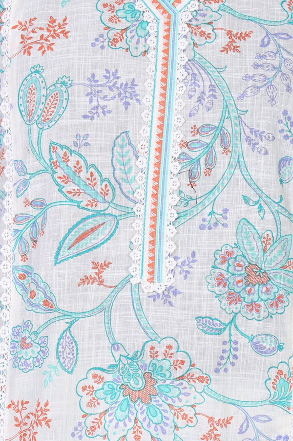 White Floral Printed Pure Cotton Straight Kurta With Trouser Co-ord Set