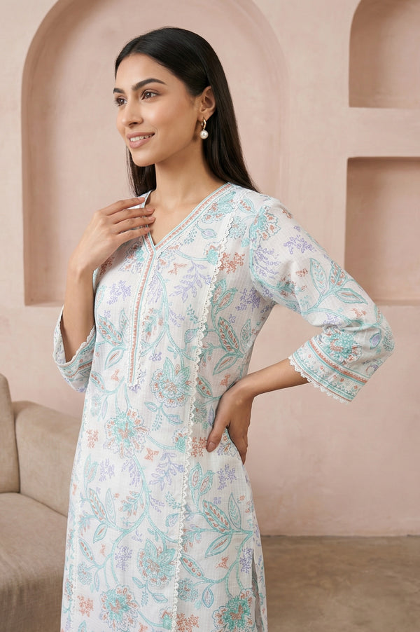White Floral Printed Pure Cotton Straight Kurta With Trouser Co-ord Set
