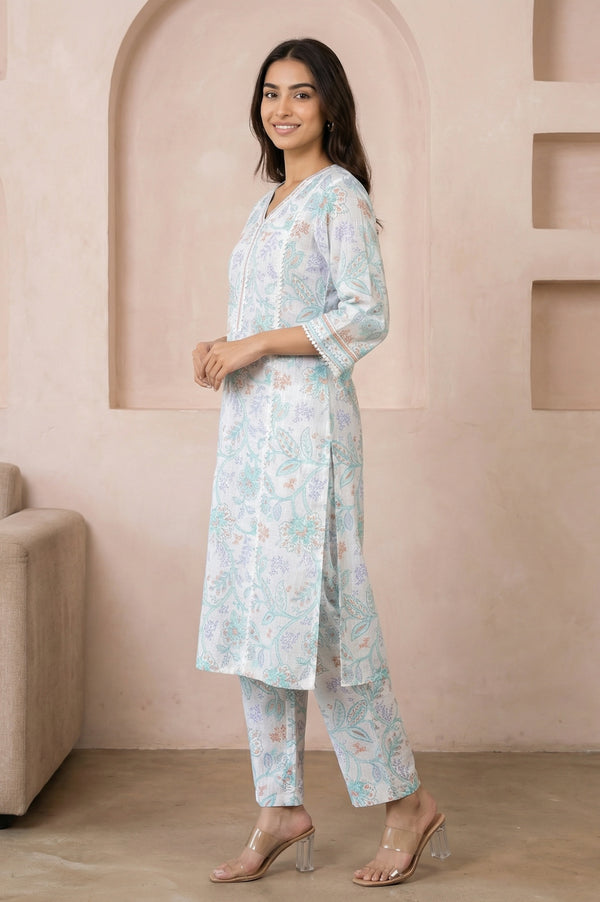 White Floral Printed Pure Cotton Straight Kurta With Trouser Co-ord Set