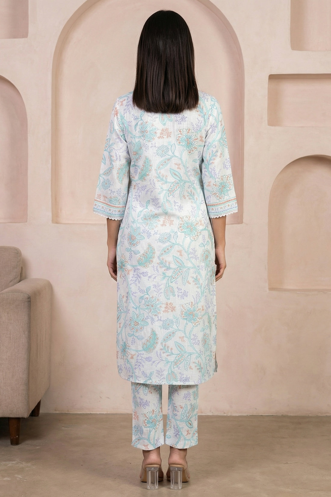 White Floral Printed Pure Cotton Straight Kurta With Trouser Co-ord Set